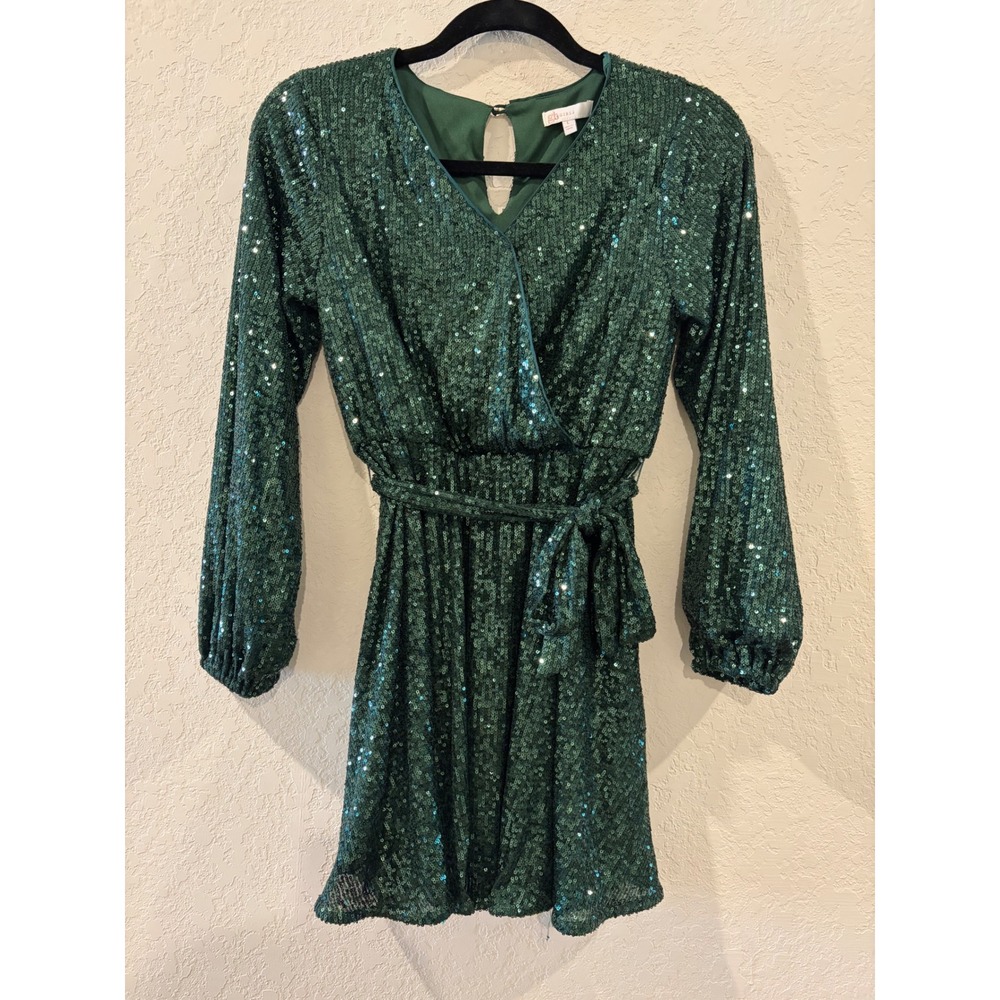 GB Girls Emerald Green Sequin Long Sleeve Wrap Dress Holiday Party Large 14 16